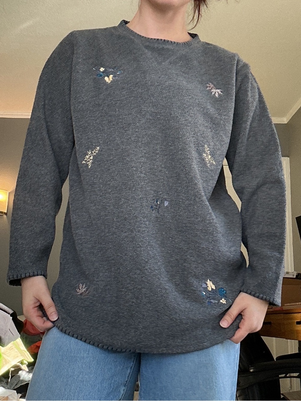 Vintage Bonnie Evans Gray Leaf Embroidered Sweater